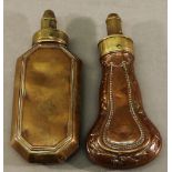 TWO 19TH CENTURY COPPER AND BRASS POWDER/SHOT FLASKS of canted rectangular and shaped form with