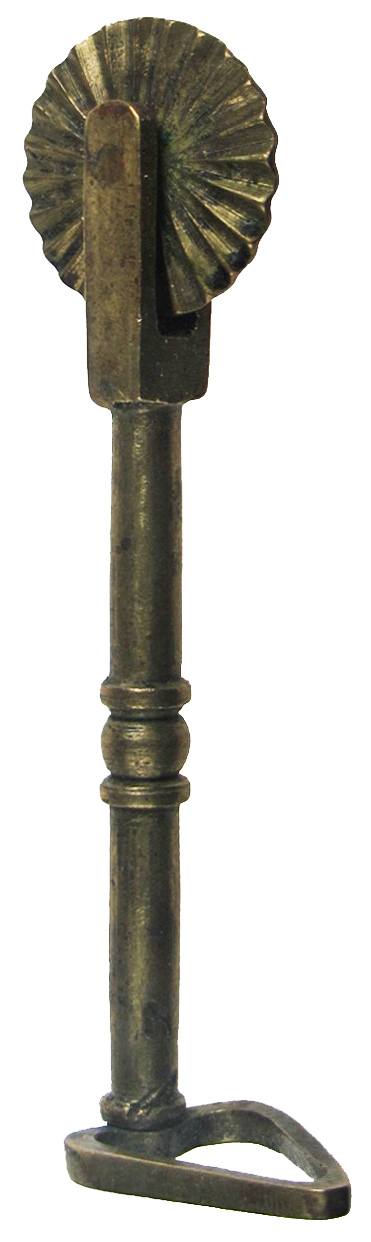 A 19TH CENTURY BRASS PASTRY JIGGER with wheel and simple leaf-shaped cutter, on spool-knopped