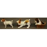 TWO ROYAL DOULTON PUPPY FIGURES one modelled in a basket, the other playing with a ball (2) together