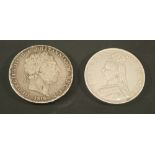 A GEORGE III CROWN dated 1819, 27grams (F-VF) and a Victorian double florin dated 1887, 23grams (