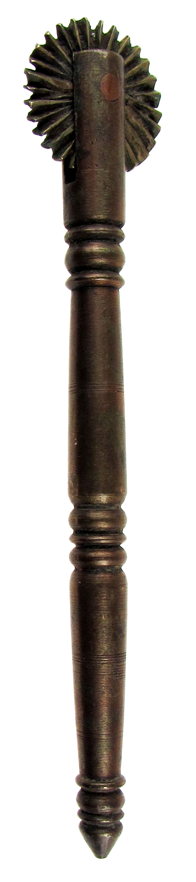 A 19TH CENTURY COPPER-ALLOY PASTRY JIGGER  with wheel and cast turned handle, Indian Raj, 15.5cm