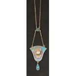 A CHARLES HORNER ENAMELLED SILVER NECKLACE, the inverted bell-shaped pendant with central inset