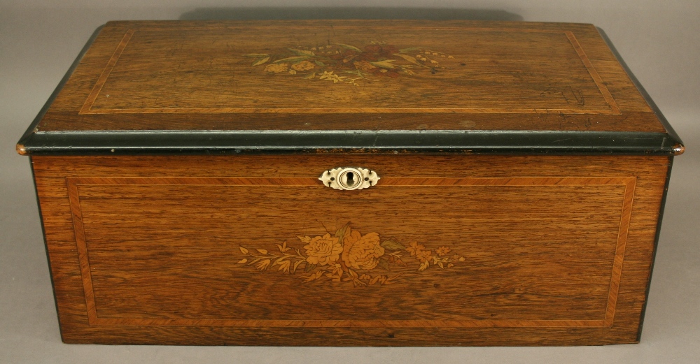 A SWISS 19TH CENTURY INLAID ROSEWOOD CYLINDER MUSIC BOX having a foliate inlaid and banded top, a