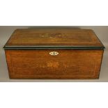 A SWISS 19TH CENTURY INLAID ROSEWOOD CYLINDER MUSIC BOX having a foliate inlaid and banded top, a