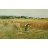 George Vicat Cole RA (British 1833-1893)  HARVESTING, watercolour, figures harvesting with village