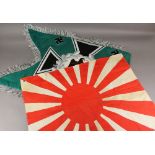 TWO WW2 STYLE REPRODUCTION FLAGS one a green German Infantry flag with "swallow tail" and a Japanese
