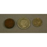 A GROUP OF THREE VICTORIAN COINS an 1855 silver groat, an 1862 silver 1½d and an 1852 quarter