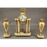 A  FRENCH MARBLE CLOCK AND GARNITURE SET having a gilt metal bird surmount above the enamelled