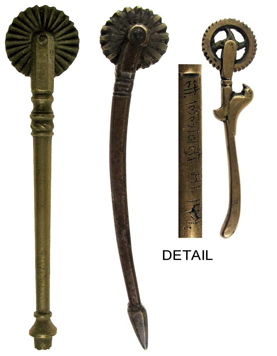 THREE 19TH CENTURY COPPER-ALLOY PASTRY JIGGERS, Indian Raj, each having a wheel, one having a