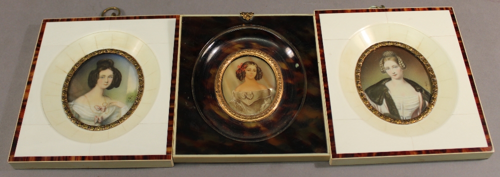 A GROUP OF THREE MODERN PORTRAIT MINIATURES each depicting period ladies, two in reclaimed ivory