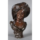 VICTOR BRUYHEEL (BORN 1859) - BROWN PATINATED BRONZE - BUST OF A YOUNG WOMAN WITH WIDE BRIMMED