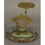 A PAIR OF FRENCH BRASS ONYX AND CHAMPLEVE ENAMEL POSTAL SCALES, the scrolled supports marked 'N.B