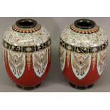 A GOOD PAIR OF JAPANESE CLOISONNE ENAMEL VASES of ovoid form, decorated with bands of stylised