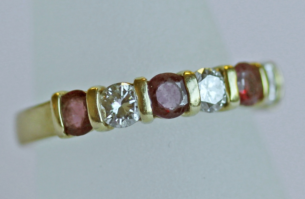 AN 18CT GOLD, DIAMOND AND RUBY HALF ETERNITY RING, a linear arrangement of round-cut rubies - Image 2 of 2