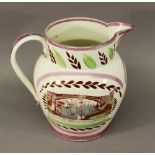 A 19TH CENTURY SUNDERLAND LUSTRE JUG of traditional form with painted puce and green decoration