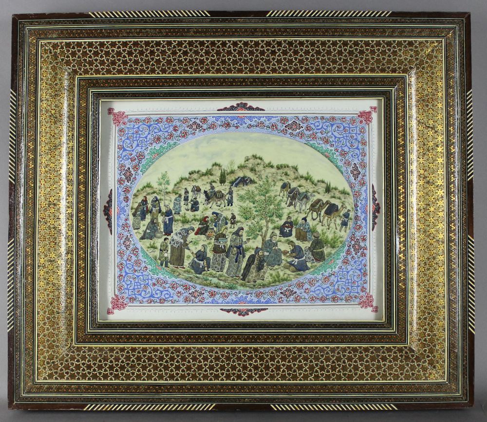 AN EARLY 20TH CENTURY MIDDLE EASTERN IVORY OVAL PANEL, painted in colours and gilt with nomadic - Image 4 of 8