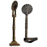 TWO 19TH-CENTURY BRASS PASTRY JIGGERS comprising one with wheel, knopped stem and heart-shaped