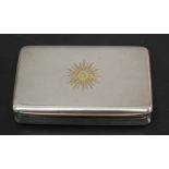 AN ITALIAN WHITE METAL SNUFF BOX, rectangular, inset with a small yellow metal St Christoper roundel