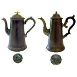 TWO VICTORIAN TINNED-IRON COFFEE POTS, of straight-sided tapering form, one having an ebonised