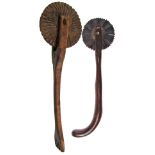 TWO RARE EXAMPLES OF FOLK-ART PASTRY JIGGERS, one naively carved from rootwood with large wheel