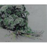 AN INK AND WATERCOLOUR WASH SKETCH, a figure walking along a country road, bearing signature 'Fred
