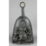 AN 18TH/19TH CENTURY BENIN DARK BROWN PATINATED BRONZE OVAL BELL, cast in relief to front with three