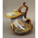 A 19TH CENTURY BERLIN (K.P.M) PORCELAIN JUG of unusual form with scrolled sinuous handle, the