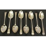 A GROUP OF EIGHT LATE 18TH CENTURY SILVER SPOONS, Old English pattern, engraved initial H to