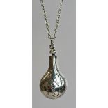 A WHITE METAL SCENT BOTTLE PENDANT AND 925 GRADE SILVER CHAIN, the pendant of flattened onion form