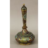 A 19TH CENTURY INDIAN GILT METAL AND CHAMPLEVE ENAMEL ROSEWATER SPRINKLER with slender neck,