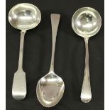 A GROUP OF THREE SILVER SPOONS comprising a sauce ladle, Old English thread pattern, London 1795,