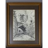 *R. MARRERA? (20TH CENTURY) - PEN AND CHARCOAL SKETCH - OLD QUARTER OF GIRONA, 31cm x 23cm,