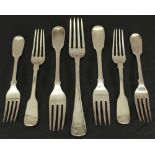 A GROUP OF 19TH CENTURY SILVER FLATWARE comprising seven forks with various marks, six fiddle