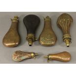 A COLLECTION OF SIX 19TH CENTURY POWDER/SHOT FLASKS each of traditional form, two of small