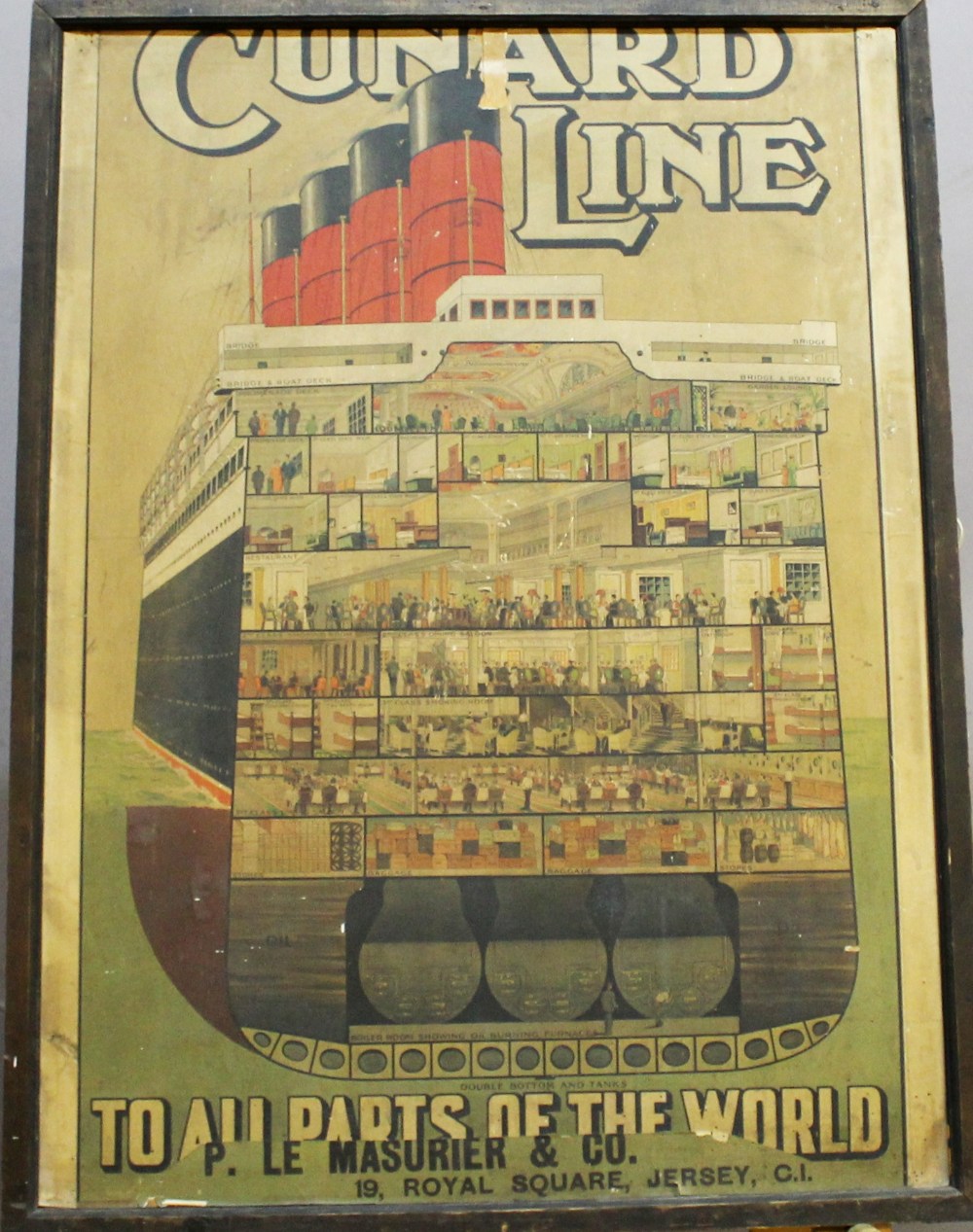 A CUNARD LINE 'TO ALL PARTS OF THE WORD' POSTER by P Le Mesurier & Co, 19 Royal Square, Jersey, C.I,