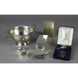 A GEORGE VI SILVER TWO HANDLED SUGAR BOWL with panelled body and gadrooned mounts, 6cm high, by