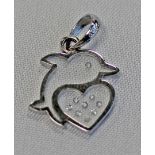 AN 18CT WHITE GOLD DOLPHIN AND HEART PENDANT with small white stone brilliants sandwiched between