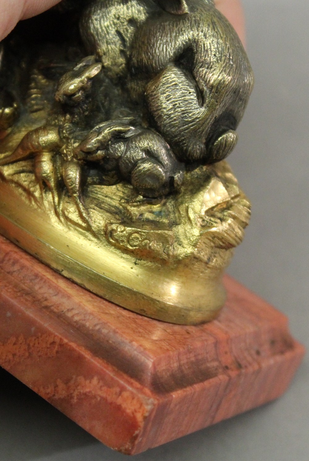 After LOUIS-EMILE CANA (1845-1895) A PARCEL-GILT METAL FIGURE GROUP of a rabbit and kits, bearing - Image 4 of 6