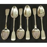 A GROUP OF SIX 19TH CENTURY SILVER TEASPOONS fiddle pattern, engraved initial W to handles, marks