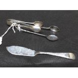 Hallmarked Silver Sugar Tongs and Butter Knife