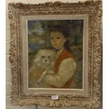 Mid 20th Century Oil on Canvas "French Girl Holding White Dog" signed Leroux