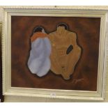 Japanese Oil on Board " Male and Female" signed Yongiie 23.5" x 19"