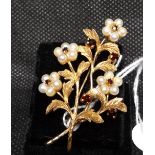 9ct Gold Seed Pearl and Red Gem Stone Brooch