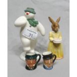 Royal Doulton Snowman Figure, 60th Anniversary Bunny  and 2 miniature Toby Jugs