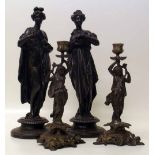 Pair of Spelter neo classical female figures and a pair of figural candlesticks. Condition report: