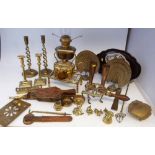 Oval brass kettle, trivets, ornaments, pair of bellows, oil lamp, copper and two pairs of