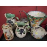 Royal Venton Art Deco vase, two Carlton jugs, Ridgways teapot, coronet biscuit barrel, and a