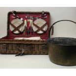 Brass jam kettle and coracle picnic hamper. Condition report: see terms and conditions.