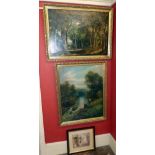 Two large oil on canvas 19th century paintings on signed G. Barton, also a watercolour. Condition