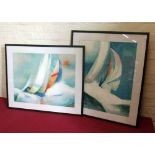 Two large framed sailing prints, indistinctly signed, 55.5 x 69.5cm.; 22 x 27.5in and 69 x 54cm.;